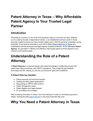 Patent Attorney in Texas – Why Affordable Patent Agency Is Your Trusted Legal Partner