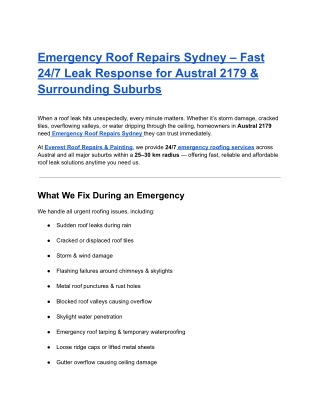 Emergency Roof Repairs Sydney – Fast 24_7 Leak Response for Austral 2179 & Surrounding Suburbs