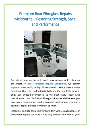 Premium Boat Fibreglass Repairs Melbourne – Restoring Strength, Style, and Performance