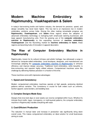 Modern Machine Embroidery in Rajahmundry, Visakhapatnam & Salem