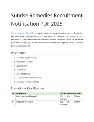 Sunrise Remedies Recruitment Notification PDF 2025