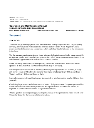Caterpillar CAT 235B EXCAVATOR (9PC00001-UP) Operation and Maintenance Manual Instant Download
