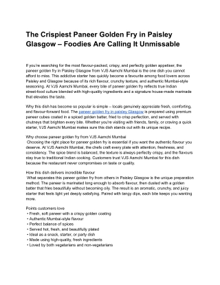 The Crispiest Paneer Golden Fry in Paisley Glasgow – Foodies Are Calling It Unmissable