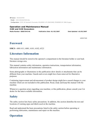 Caterpillar CAT 319C EXCAVATOR (KGL00001-UP) Operation and Maintenance Manual Instant Download