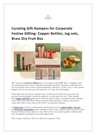 Curating Gift Hampers for Corporate Festive Gifting: Copper Bottles, Jug sets, Brass Dry Fruit Box