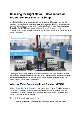 Choosing the Right Motor Protection Circuit Breaker for Your Industrial Setup