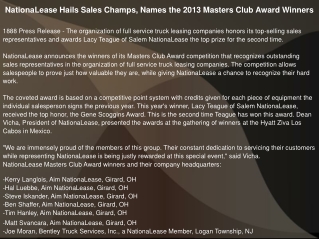 NationaLease Hails Sales Champs, Names the 2013 Masters