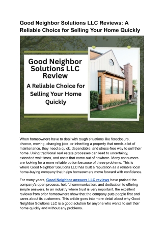 Good Neighbor Solutions LLC Reviews: Trusted Home-Selling Help When You Need It