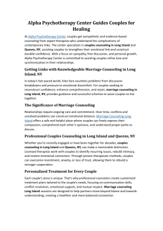 Alpha Psychotherapy Center Guides Couples for Healing