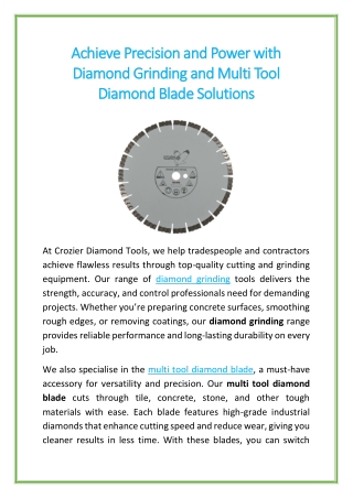 Achieve Precision and Power with Diamond Grinding and Multi Tool Diamond Blade Solutions