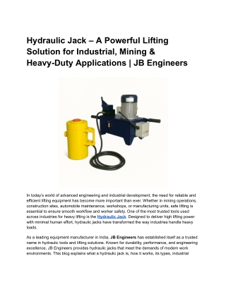 Hydraulic Jack – A Powerful Lifting Solution for Industrial, Mining & Heavy-Duty