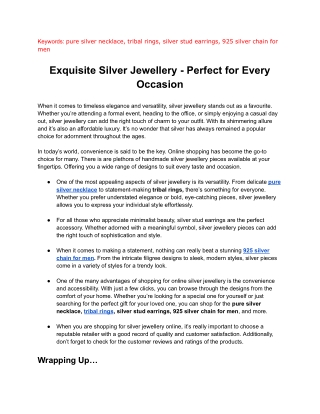 Exquisite Silver Jewellery - Perfect for Every Occasion