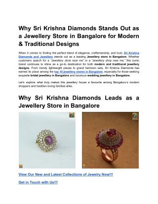 Why Sri Krishna Diamonds Stands Out as a Jewellery Store in Bangalore for Modern & Traditional Designs
