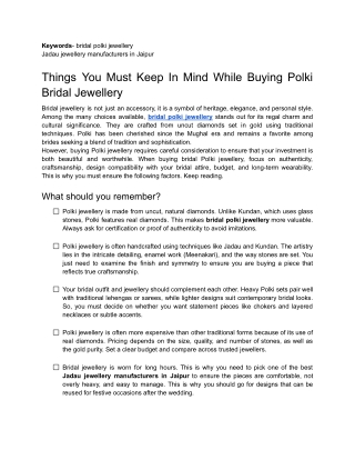 Things You Must Keep In Mind While Buying Polki Bridal Jewellery