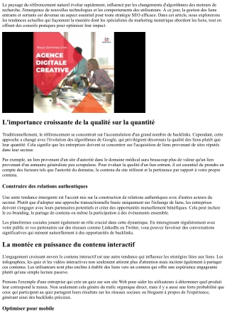 Les tendances à suivre en matière de liens entrants et sortants.