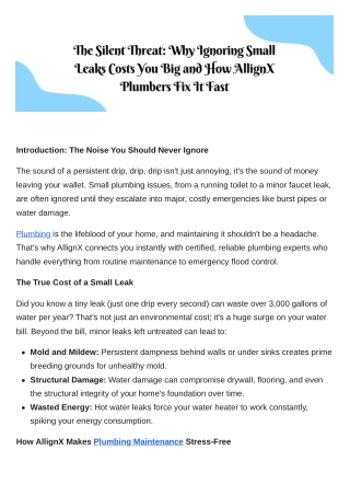 The Silent Threat Why Ignoring Small Leaks Costs You Big—and How AllignX Plumbers Fix It Fast