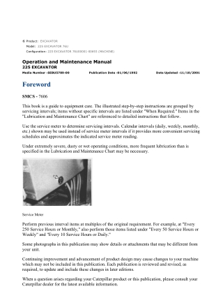 Caterpillar CAT 225 EXCAVATOR (76U00001-00693) Operation and Maintenance Manual Instant Download