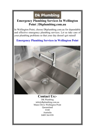 Emergency Plumbing Services In Wellington Point Dkplumbing.com.au