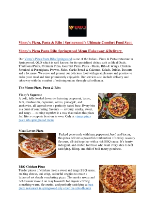 Vinny’s Pizza Pasta Ribs Springwood Menu |Takeaway &Delivery