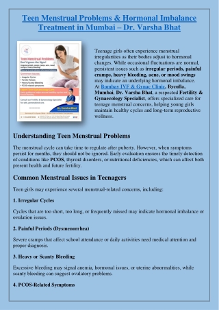 Teen Menstrual Problems and Hormonal Imbalance Treatment in Mumbai – Dr. Varsha Bhat