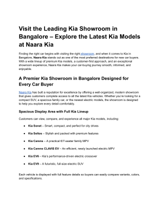 Visit the Leading Kia Showroom in Bangalore – Explore the Latest Kia Models at Naara Kia