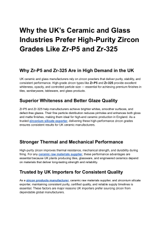 Why the UK’s Ceramic and Glass Industries Prefer High-Purity Zircon Grades Like Zr-P5 and Zr-325