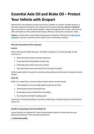 Essential Axle Oil and Brake Oil