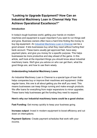 “Looking to Upgrade Equipment? How Can an Industrial Machinery Loan in Chennai