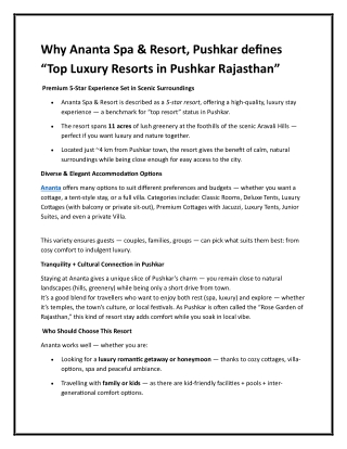 Why Ananta Spa & Resort, Pushkar defines “Top Luxury Resorts in Pushkar Rajastha