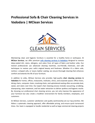 Professional Sofa & Chair Cleaning Services in Vadodara | MClean Services