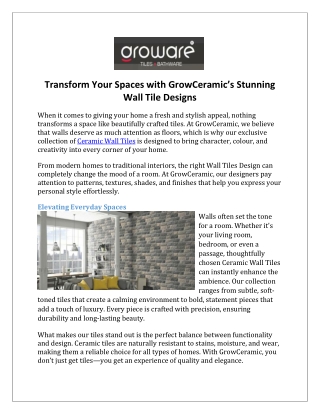 Transform Your Spaces with GrowCeramic’s Stunning Wall Tile Designs