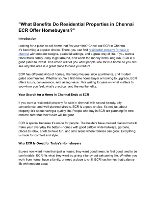 _What Benefits Do Residential Properties in Chennai ECR Offer Homebuyers