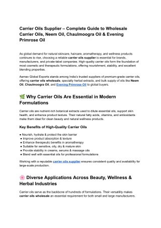 Carrier Oils Supplier – Complete Guide to Wholesale Carrier Oils, Neem Oil