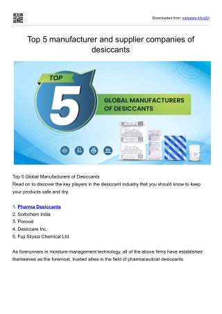 Top 5 manufacturer and supplier companies of desiccants