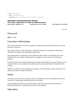 Caterpillar CAT 315C EXCAVATOR (BTL00001-UP) Operation and Maintenance Manual Instant Download