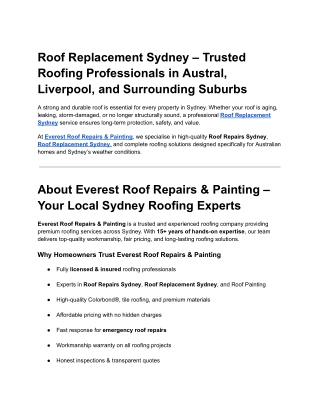 Roof Replacement Sydney – Trusted Roofing Professionals in Austral, Liverpool, and Surrounding Suburbs
