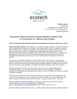 Grassroots Idea by Ecotech Institute Student Inspires Float