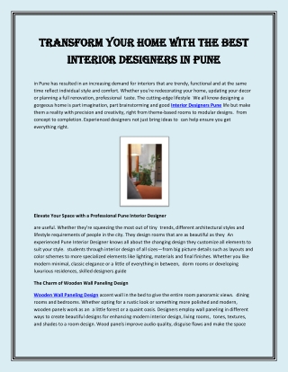 Transform Your Home with the Best Interior Designers in Pune