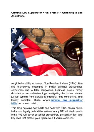 Criminal Law Support for NRIs: From FIR Quashing to Bail Assistance