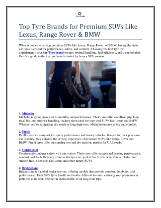 Top Tyre Brands for Premium SUVs Like Lexus, Range Rover & BMW