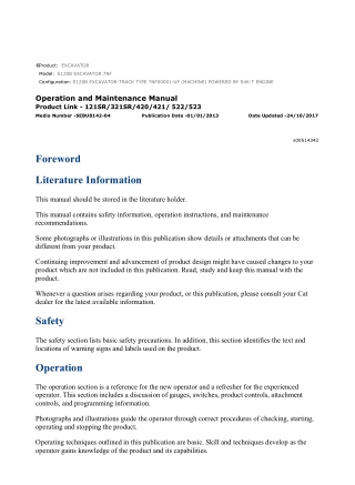 Caterpillar CAT E120B EXCAVATOR (7NF00001-UP) Operation and Maintenance Manual Instant Download