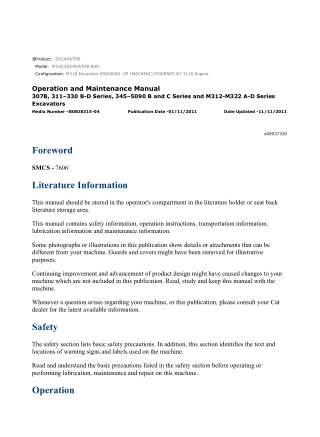 Caterpillar CAT M318 EXCAVATOR (8SS00001-UP) Operation and Maintenance Manual Instant Download