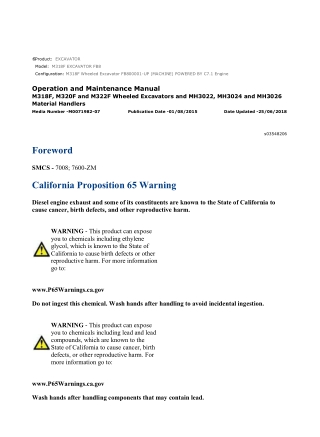 Caterpillar CAT M318F EXCAVATOR (FB800001-UP) Operation and Maintenance Manual Instant Download