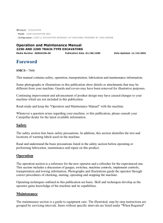 Caterpillar CAT 225D EXCAVATOR (6RG00001-UP) Operation and Maintenance Manual Instant Download
