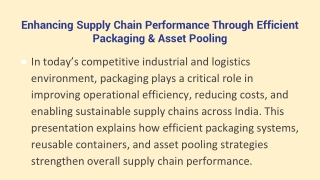 Enhancing Supply Chain Performance Through Efficient Packaging & Asset Pooling