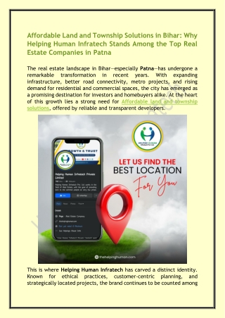 Affordable Land and Township Solutions in Bihar Why Helping Human Infratech Stands Among the Top Real Estate Companies i