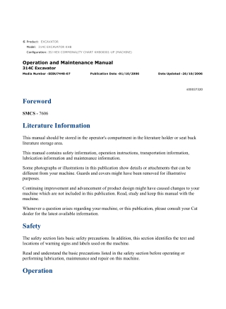 Caterpillar CAT 314C EXCAVATOR (KHB00001-UP) Operation and Maintenance Manual Instant Download