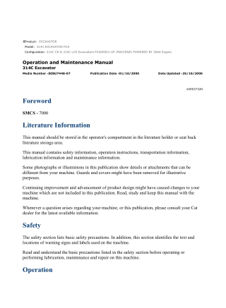 Caterpillar CAT 314C EXCAVATOR (PCA00001-UP) Operation and Maintenance Manual Instant Download