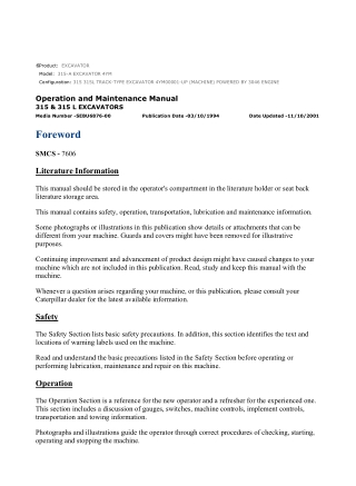 Caterpillar CAT 315-A EXCAVATOR (4YM00001-UP) Operation and Maintenance Manual Instant Download