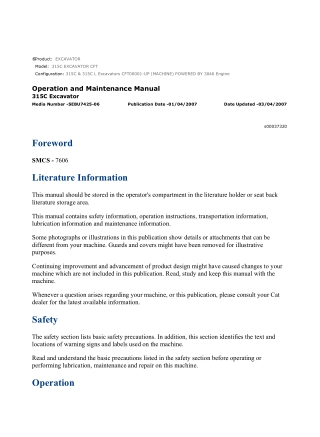 Caterpillar CAT 315C EXCAVATOR (CFT00001-UP) Operation and Maintenance Manual Instant Download